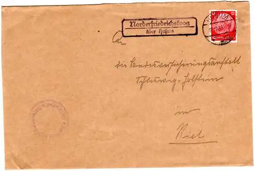 DR 1935, Landpost Stpl. NORDERFRIEDRICHSKOOG über Husum auf Brief m. 12 Pf.