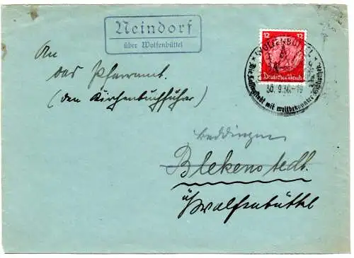 DR 1936, Landpost Stpl. NEINDORF über Wolfenbüttel auf Briefvorderseite m. 12 Pf