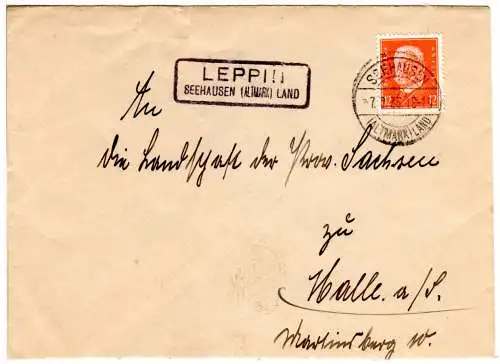 DR 1933, Landpost Stpl. LEPPIN Seehausen (Altmark) Land auf Brief m. 12 Pf.