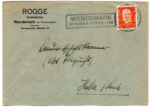 DR 1932, Landpost Stpl. WENDEMARK Seehausen (Altmark) Land auf Brief m. 12 Pf.