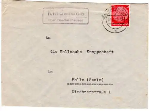 DR 1937, Landpost Stpl. KINDERODE über Sondershausen auf Brief m. 12 Pf.