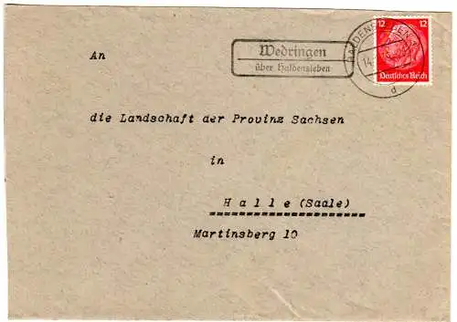 DR 1939, Landpost Stpl. WEDRINGEN über Haldensleben auf Brief m. 12 Pf.