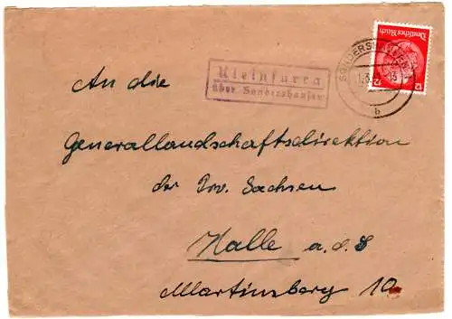 DR 1940, Landpost Stpl. KLEINFURRA über Sondershausen auf Brief m. 12 Pf.