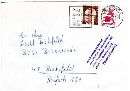 BRD 1975, Bielefeld Postautomation, rücks. beschädigter Brief m. Hinweisstempel.