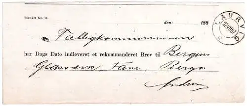 Norwegen 1887, Postschein f. einen Einschreiben Brief v. Laurvig