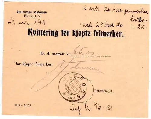 Norwegen 1931, Postschein Quittung f. gekaufte Briefmarken v. Ulefoss