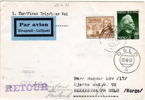 Norwegen 1947, 10+15 öre auf Erstflug Brief Oslo-Helsinki Finnland