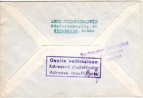 Norwegen 1947, 10+15 öre auf Erstflug Brief Oslo-Helsinki Finnland