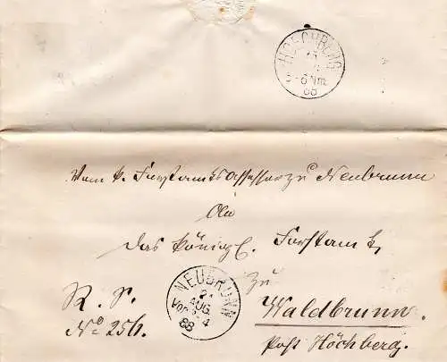 Bayern 1888, K1 Neubrunn u. rs. Hoechberg auf Brief n. Waldbrunn Post Höchberg