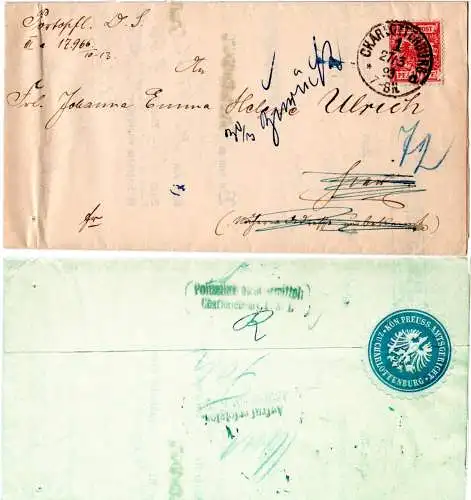 DR 1893, 10 Pf. auf Retour Brief v. Charlottenburg m. rücks. Hinweisstempeln