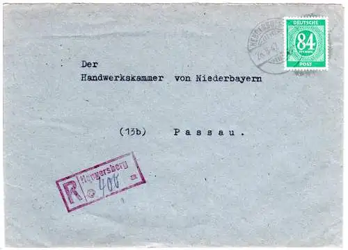 1947, EF 84 Pf. auf Einschreiben Brief m. klarem R-Stempel v. Hengersberg