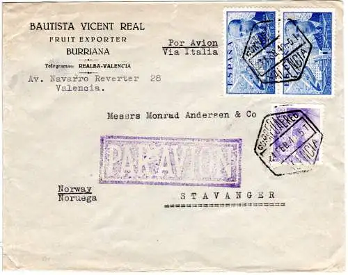 Spanien 1940, 25 C.+2x1 P. auf Luftpost Zensur Brief v. Valencia n. Norwegen