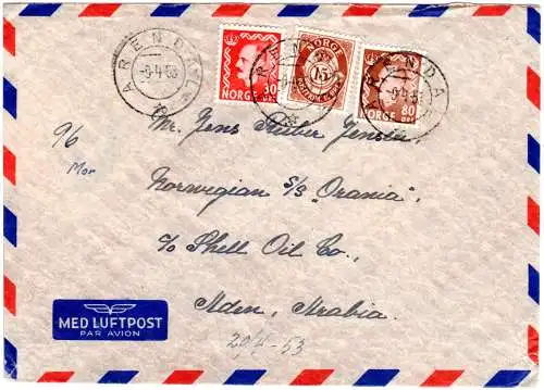 Norwegen 1953, 15+30+80öre auf Luftpost Brief v. Arendal n. Aden Arabia