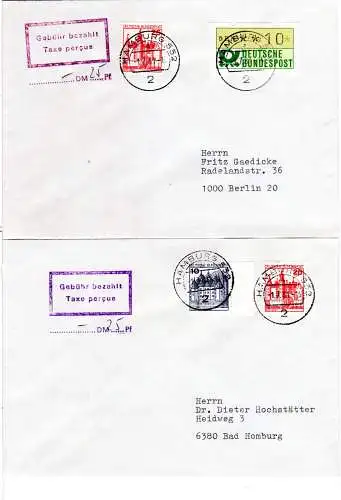 BRD 1981, 10+25 Pf. auf 2 Teilbarfrankatur Briefen m. Gebühr bezahlt v. Hamburg