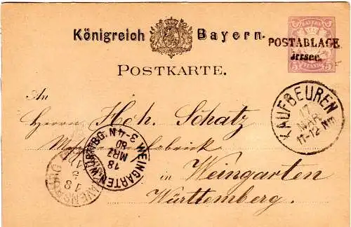 Bayern 1880, L2 Postablage Irrsee klar auf 5 Pf. Ganzsache