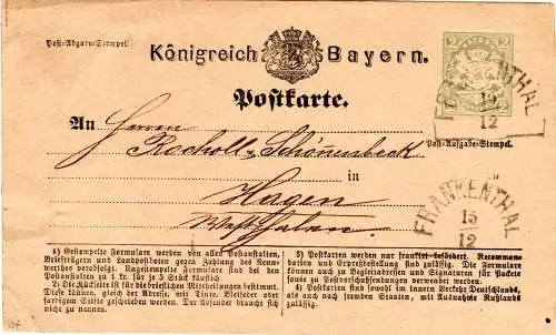 Bayern 1873, HKS Frankenthal auf 2 Kr. Ganzsache n. Hagen Westfalen