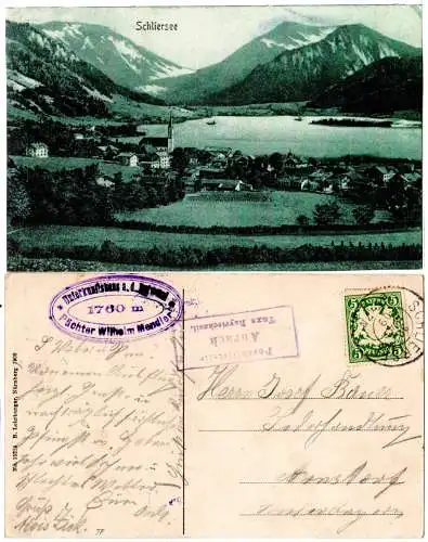 Bayern 1909, Posthilfstelle Aurach Taxe Bayrischzell auf Schliersee-Ak m. 5 Pf.