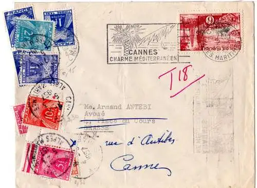 Frankreich 1957, 9 Portomarken auf Brief m. 6 F. v. Cannes n. Grasse u. retour