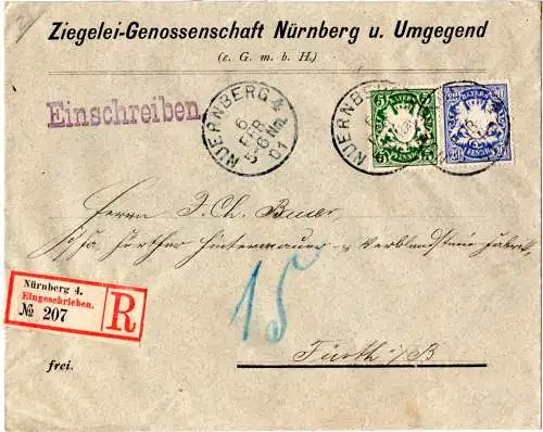 Bayern 1901, 5+20 Pf. auf Nürnberg-Fürth Reko Nachbarorts Brief 2. Gewichtsstufe