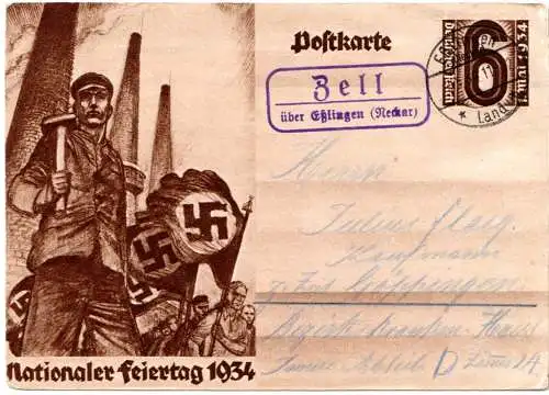 DR 1934, Landpost Stpl. ZELL über Eßlingen (Neckar) auf 6 Pf. Ganzsache