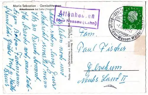 BRD 1961, Landpost Stpl. ATTENHAUSEN über Nassau (Lahn)auf sw-AK m. 10 Pf.