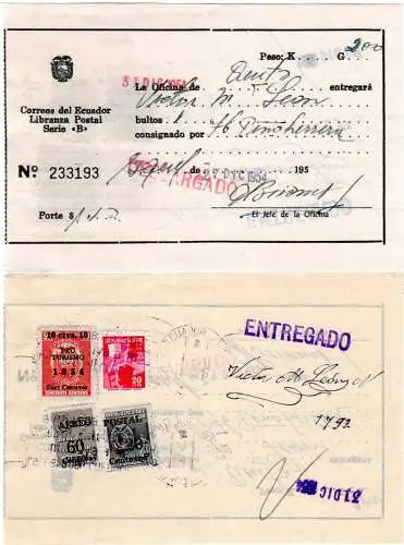 Ecuador 1954, 4 Marken rücks. auf Posteinlieferungsschein f. 1 Paket v. Quito.