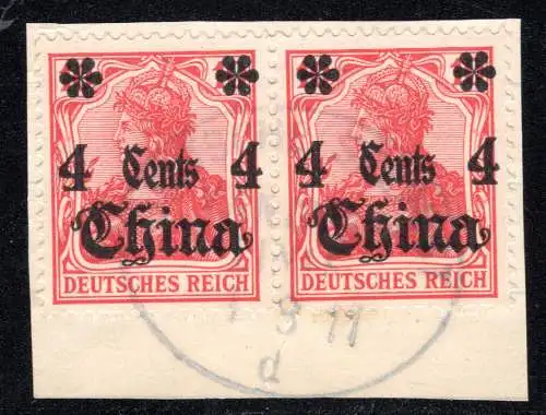 DP China 22, 2x4 C./10 Pf. auf Briefstück m. Stpl. Dt. Seepost Yangtse-Linie d