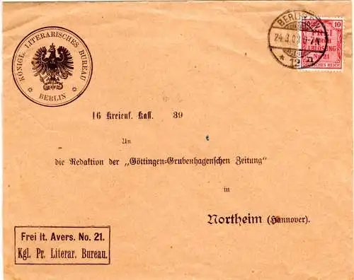 DR 1903, Frei lt. Avers No.21 Literar. Bureau auf Brief m. 10 Pf. Zähldienst  