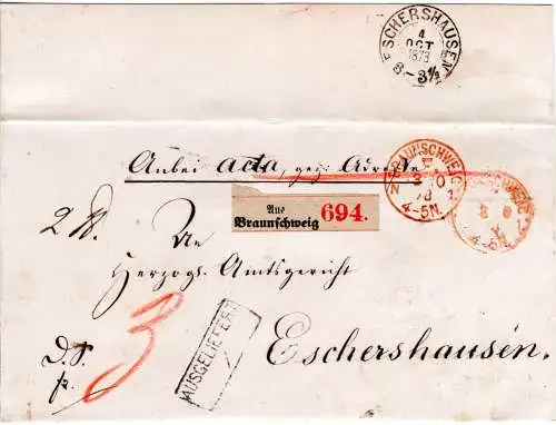 DR 1873, roter Franko-Stpl. Braunschweig F. N1 auf Paket Brief n. Eschershausen