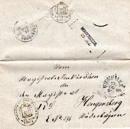 Bayern 1882, Aushilfs-L2 Hengersberg rücks. auf Brief v. Neukirchen b. hl. Bl.