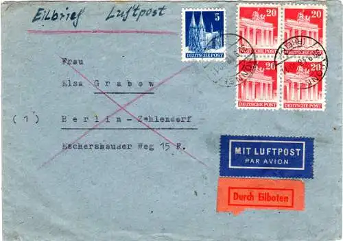 1948, 5+4er-Block 20 Pf. auf Luftpost Eilboten Brief v. Honnef n. Berlin