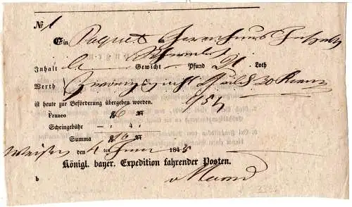 Bayern 1844, Postschein v. hds. Weissenburg m. eingedruckter Scheingebühr 2 Kr.