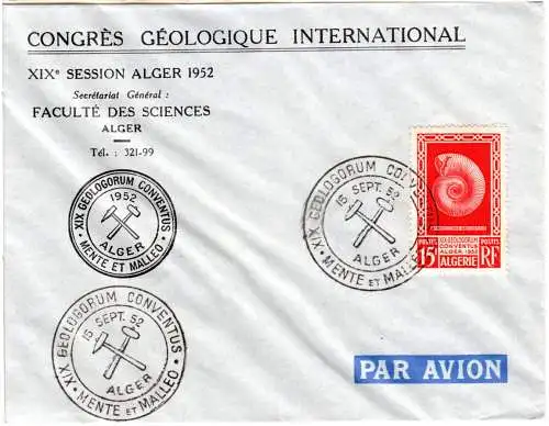 Algerien 1952, 15 RF Geologie Kongress auf Umschlag m. entspr. Sonderstempel