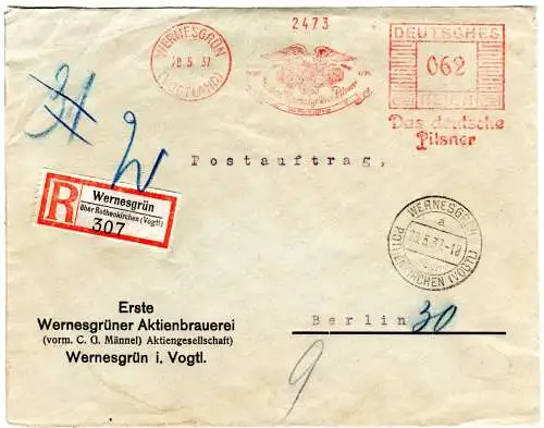 DR 1937, Werbefreistempel Wernesgrüner Pilsner auf Brauerei Postauftrag R-Brief