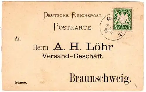 Bayern 1890, 5 Pf. auf Antwortkarte v. einer Tabakfabrik in Nürnberg 