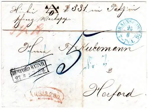 Braunschweig 1855, K2 Braunschweig u. rot Auslagen auf NN Paket-Brief n. Herford