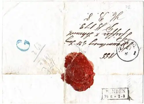 Braunschweig 1855, K2 Braunschweig u. rot Auslagen auf NN Paket-Brief n. Herford