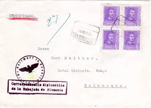 Spanien 1938, 4er-Block 20 C auf Konsulats R-Brief v. San Sebastian n. Salamanca