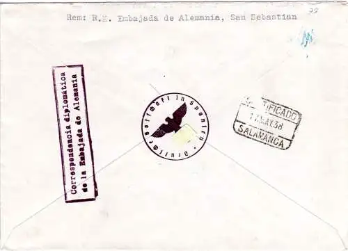 Spanien 1938, 4er-Block 20 C auf Konsulats R-Brief v. San Sebastian n. Salamanca