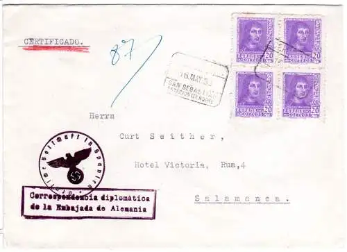 Spanien 1938, 4er-Block 20 C auf Konsulats R-Brief v. San Sebastian n. Salamanca