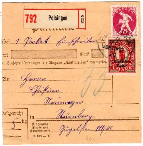 Bayern 1920, 75 Pf. Abschied+1 Mk. DR  auf Einschreiben Paketkarte v. Polsingen