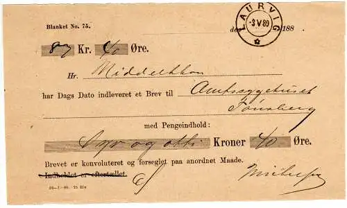 Norwegen 1889, Postschein f. einen Wert Brief v. Laurvig