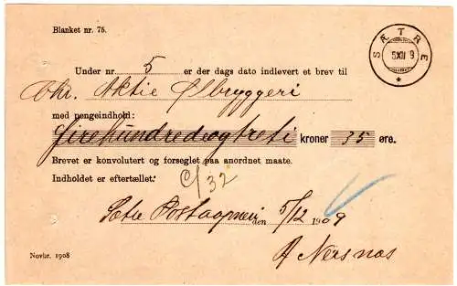 Norwegen 1909, Postschein f. einen Wert Brief v. SAETRE