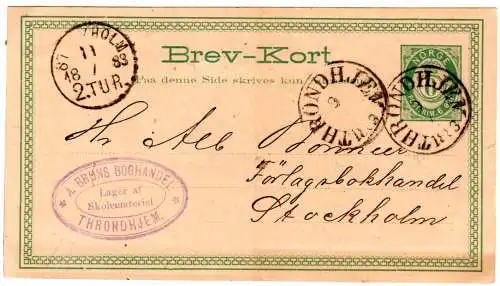 Norwegen P 11, 6 öre Ganzsache 1883 v. Trondhjem n. Schweden