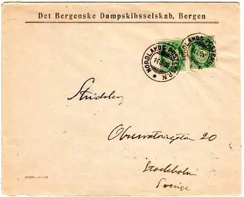 Norwegen 1908, 2x5öre auf Brief m. Schiffspost v. Bergen n. Schweden