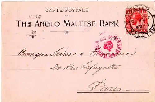 Malta 1915, Bankkarte m. 1d u. censor No. 1677 v. Valetta n. Frankreich