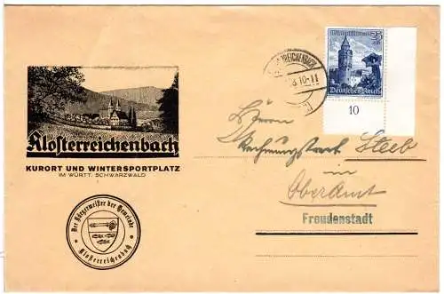 DR 1938, 25+15 Pf WHW m. Bogenrand auf Gemeinde Brief v. Klosterreichenbach