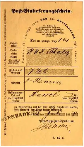 NDP 1868, L1 Wiesbaden auf gelbem Postschein f. eine Wertsendung