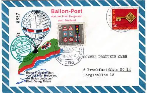 BRD 1958, 5+30 Pf. auf Ballon-Post Brief v. Helgoland n. Frankfurt