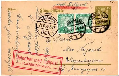 DR 1925, 2x5 Pf. Zusatz auf 15 Pf. Ganzsache per Luftpost v. Bremen n. Dänemark